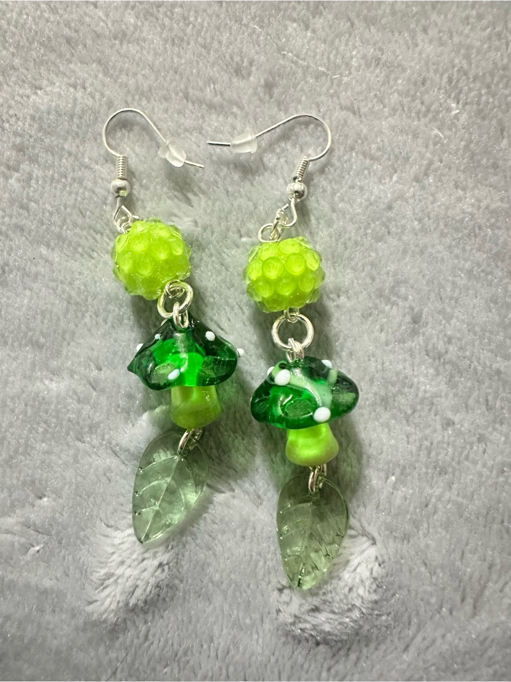 Handmade Green Glass Mushroom Leaf Drop Earrings